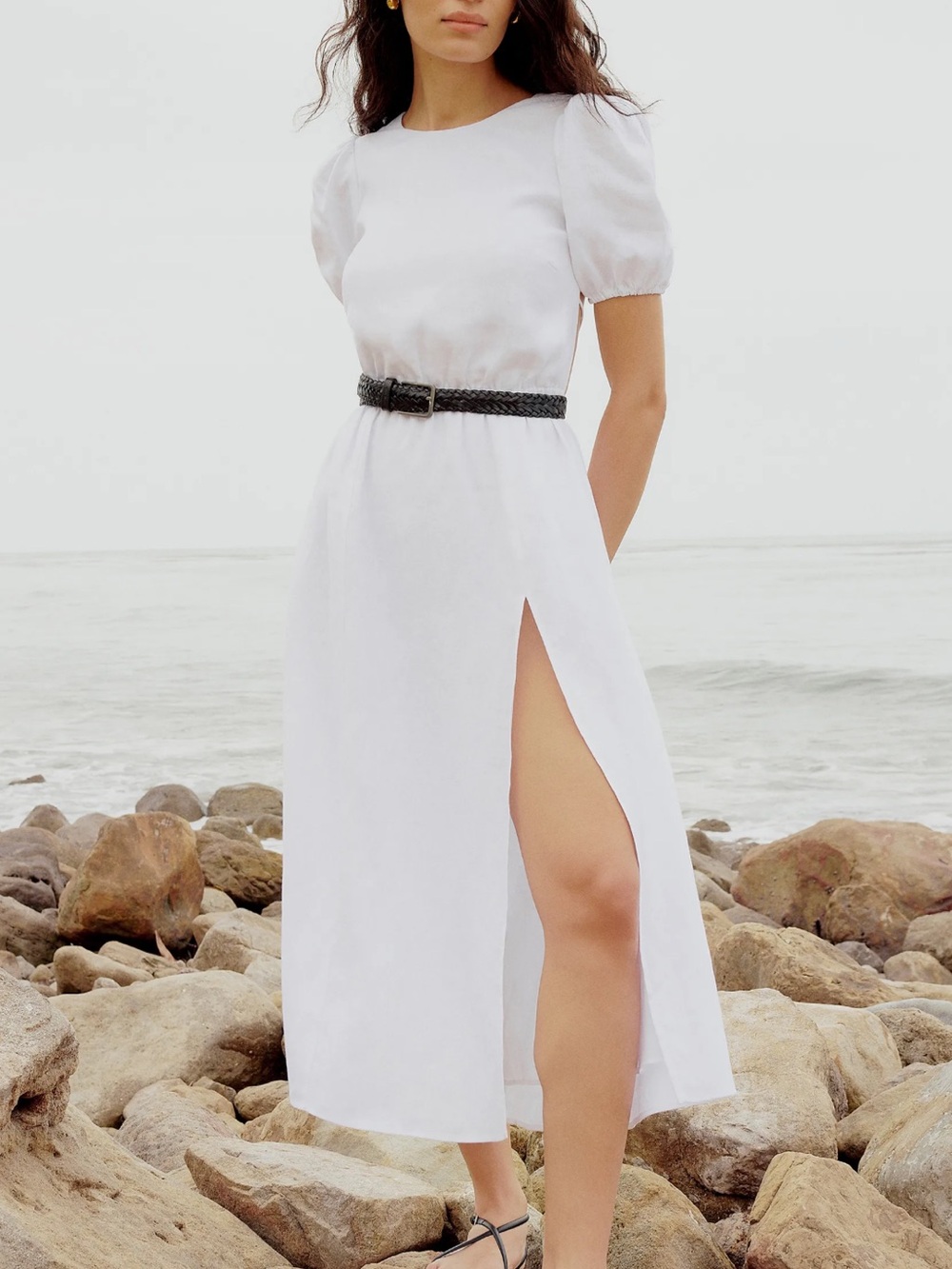 Reformation Anneliese White Backless Maxi Linen Dress with Puff Sleeves